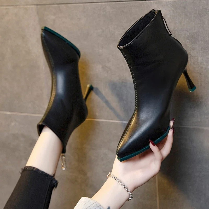 Autumn and Winter New Pointed Back Zipper Color Matching Fashion Stiletto Heels 2024 All-match Female Boots Short Leather Shoes