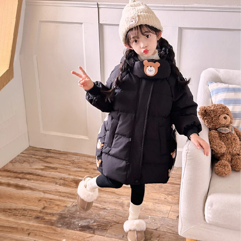 Winter Girls Down Jacket Long Style Thick Warm Cartoon Bear Fashion Hooded Coat For 2-7 Years Kids Children Outerwear Clothing