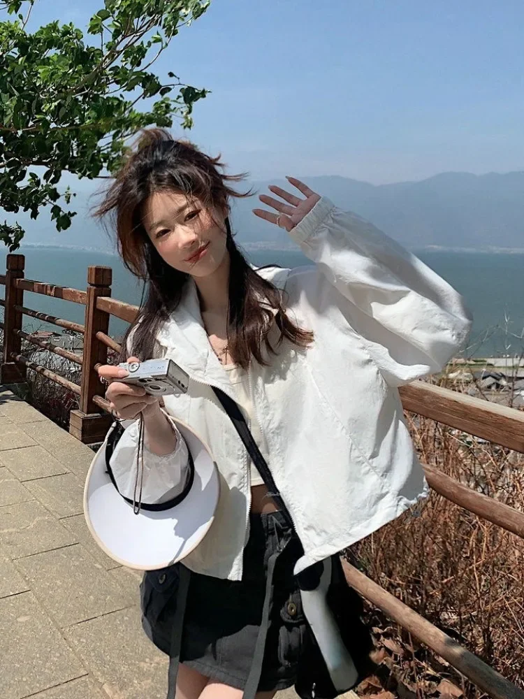 

Женское пальто с капюшоном на тонком шнурке в стиле гранж, уличная одежда, повседневные укороченные топы на молнии, уличная защита от солнца, Y2k, эстетические однотонные куртки