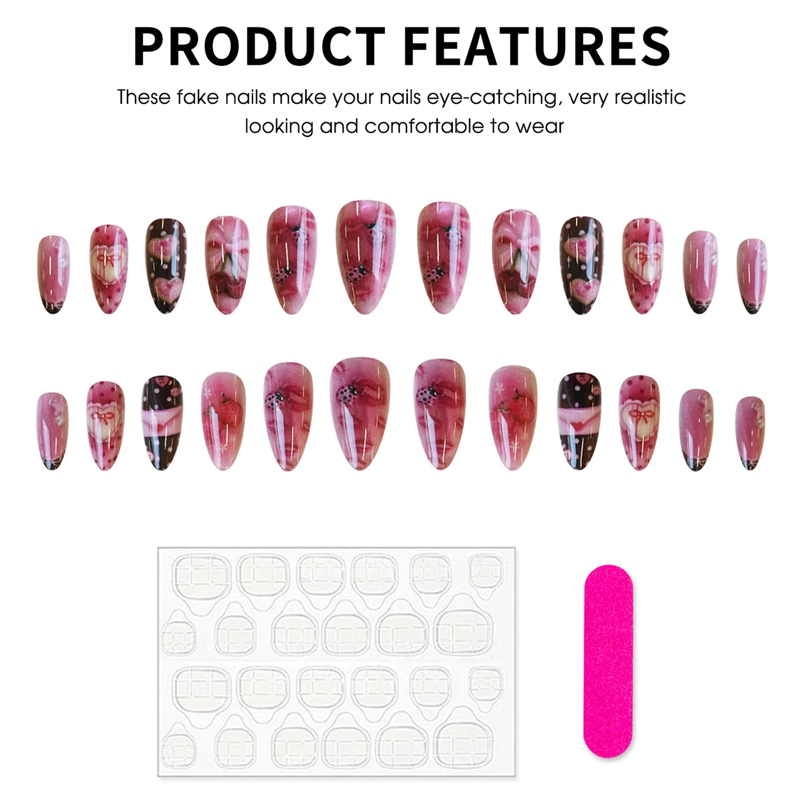 24 pièces mignon dessin animé cerise arc faux ongles Art amande pointe française portable mode doux rose faux ongles artificiels avec adhésif