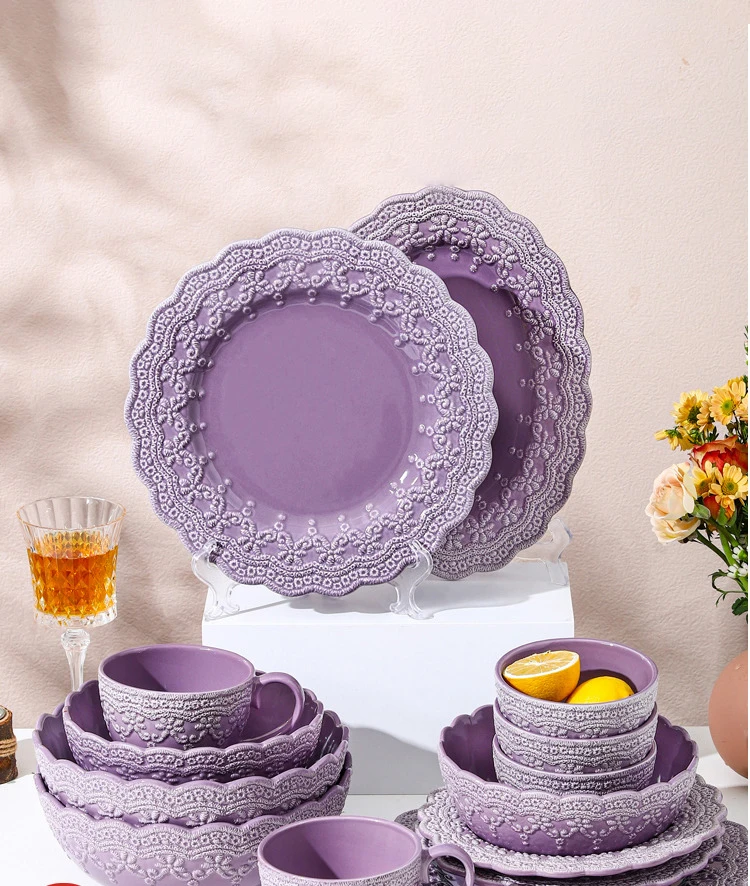 

Cutlery Ceramic Bowl Household 2022 New Purple Embossed Rice Bowl Especially Good-looking Bowl Plate