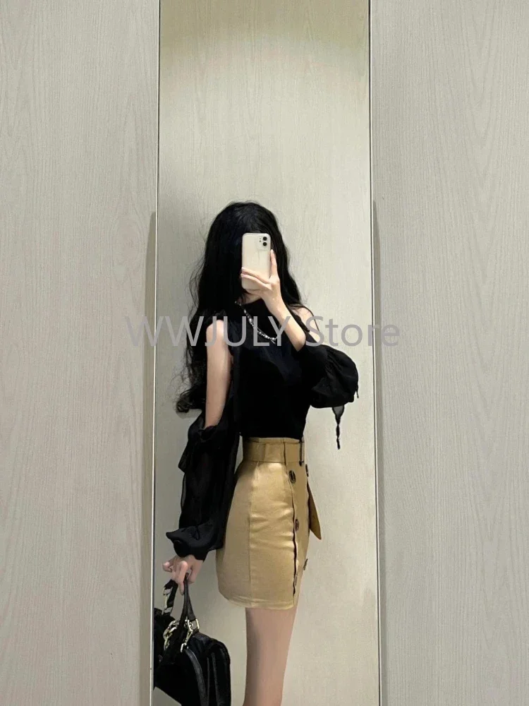 2024 New French Elegant 2 Piece Skirt Sets Women Office Lady Korean Fashion Suits Y2k Black Blouse + Mini Skirt Vintage Party