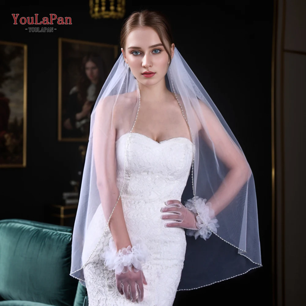 YouLaPan Wedding Veil with Crystal Edge Elbow Length Bridal Veil Pearl Beaded Eleglant 1 Tier Veils for Christian Church V197