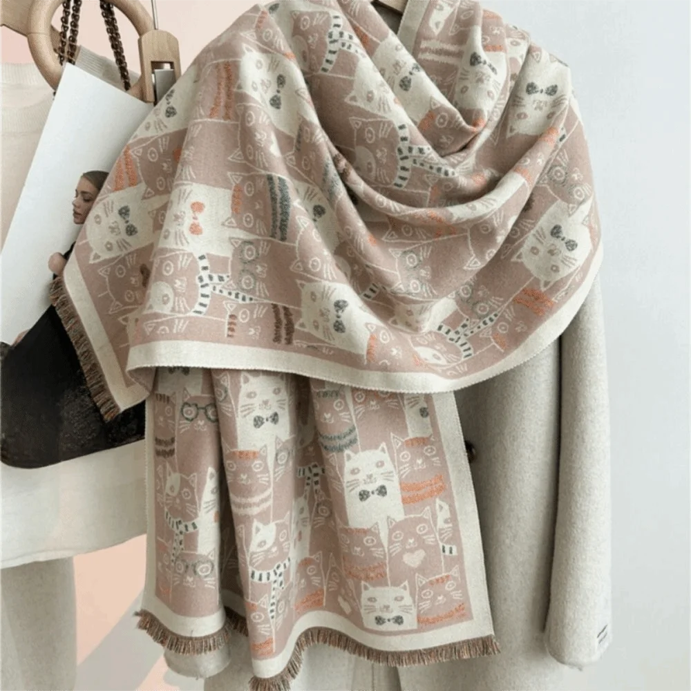 

Шарф из искусственного кашемира с рисунком кота, утолщенный зимний шарф из искусственного кашемира, удлиненный шарф с кисточками, женская шаль с бахромой для женщин и девочек