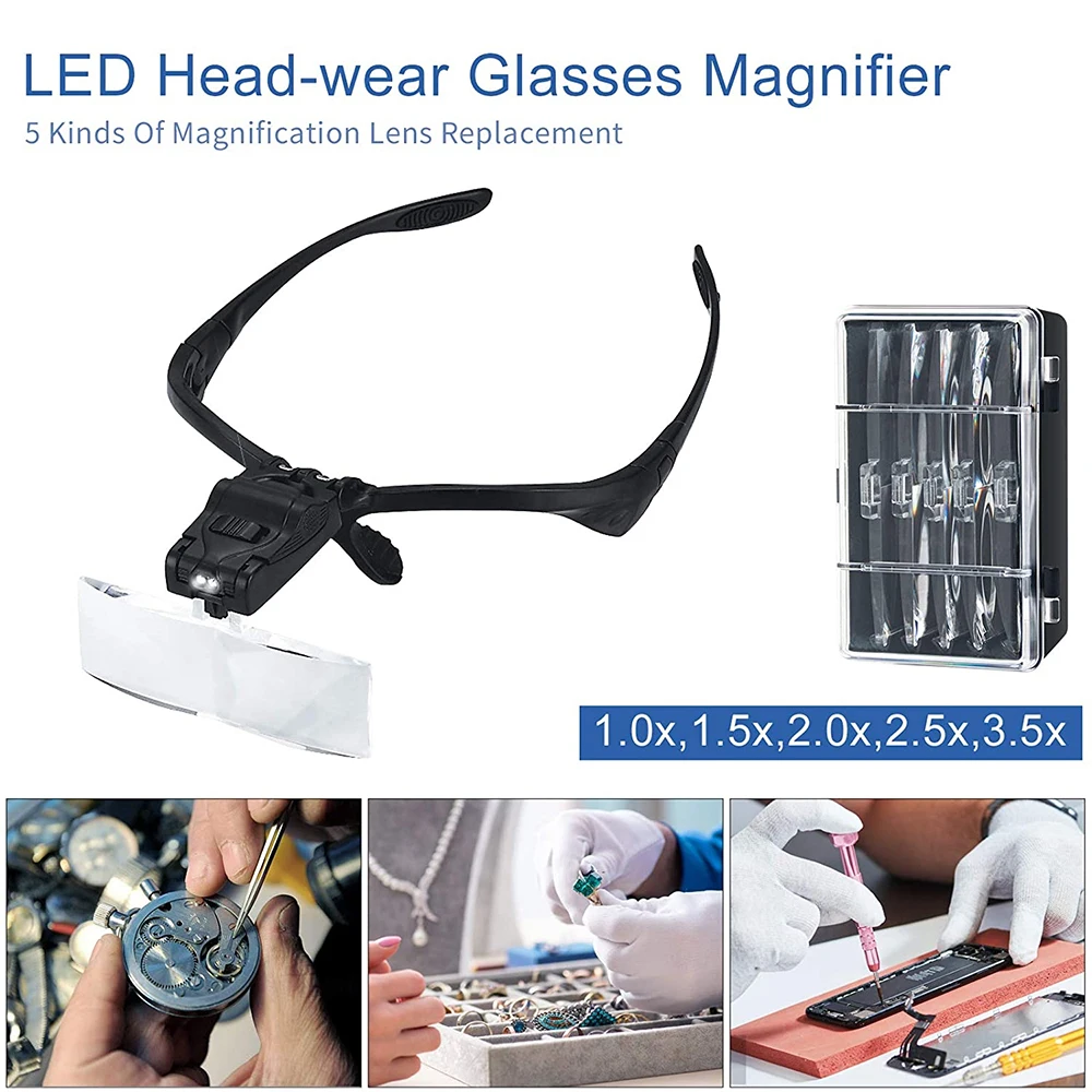 TKDMR LED Illuminated Headband Glasses Magnifier Glass 5-Interchangeable Lens 1.0X/1.5X/2.0X/2.5X/3.5X for Tool Repair Reading