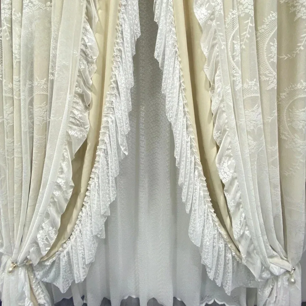 Double French Curtains for Living Room Bedroom Girls Models Blackout Light Luxury Cream Lace Milk Tea Colour