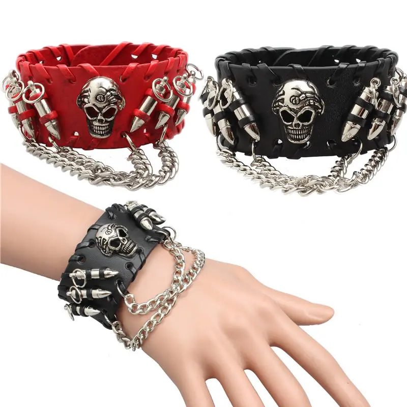 2023 New Vintage Rock Punk Genuine Leather Bracelet Pulseira Mujer Male Bangles Skull Stud Charm Bracelet for Women Men Jewelry