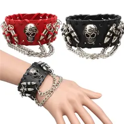 2023 New Vintage Rock Punk Genuine Leather Bracelet Pulseira Mujer Male Bangles Skull Stud Charm Bracelet for Women Men Jewelry