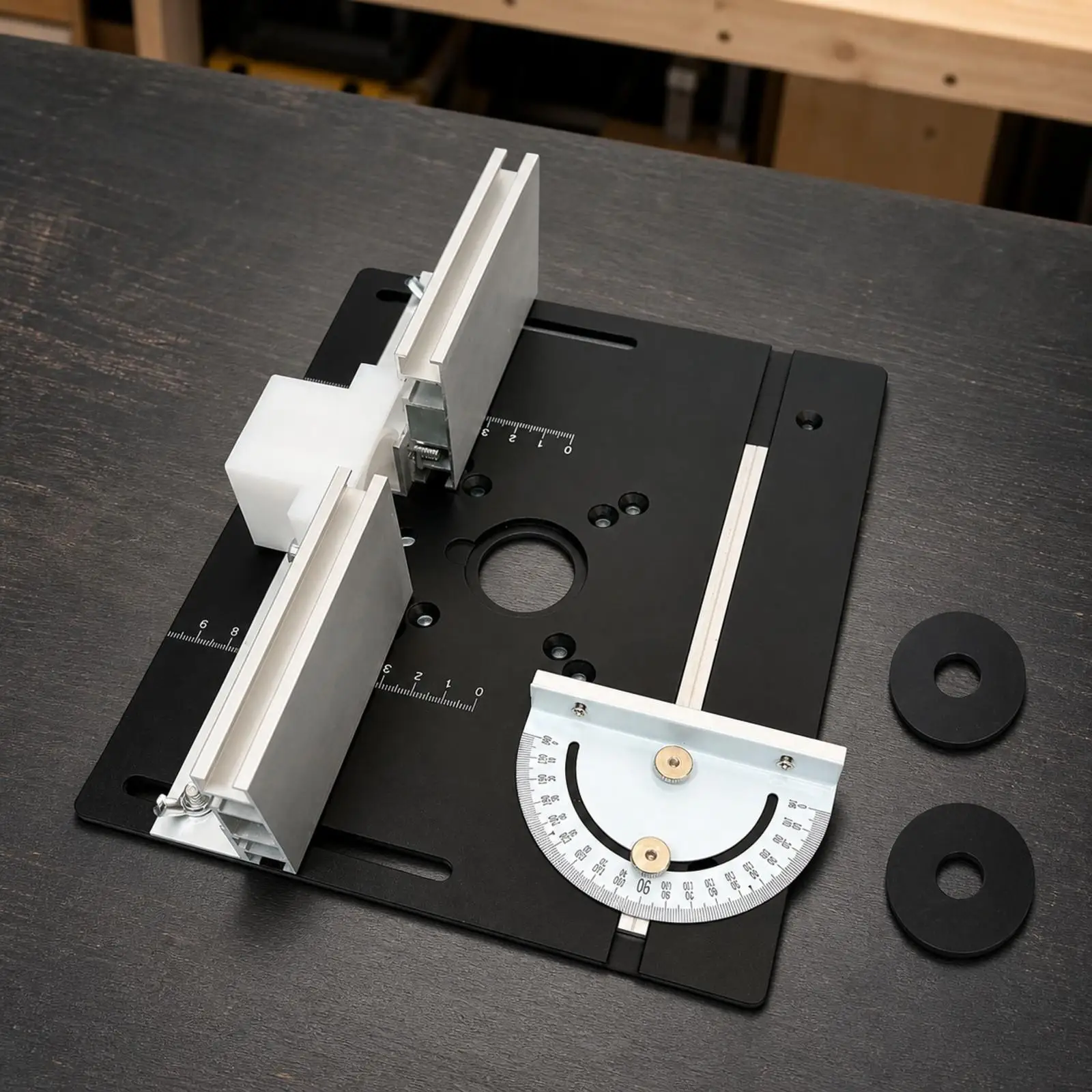 Woodworking Router Inverter Plate with Measurement Scale for Controlled Cutting and Shaping on Workbench