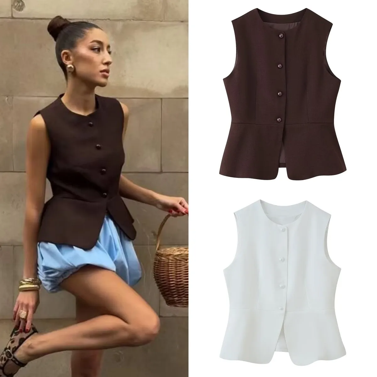 

ETJ Autumn 2025 women's elegant fashion solid color round neck vest temperament versatile button up vest
