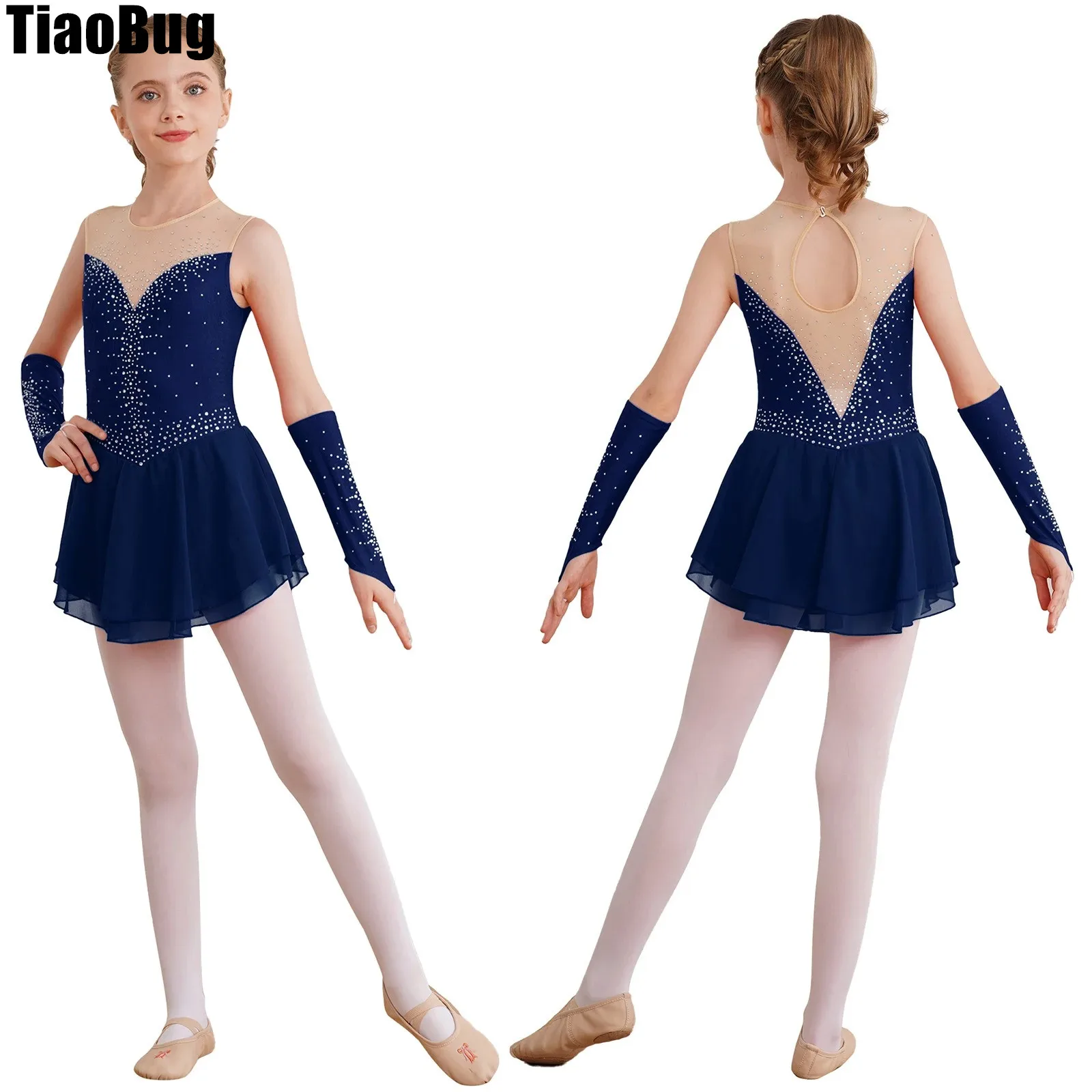 

Kids Figure Skating Dance Dress Girls Glittering Rhinestone Keyhole Back Sleeveless Stage Performance Dress with Gloves