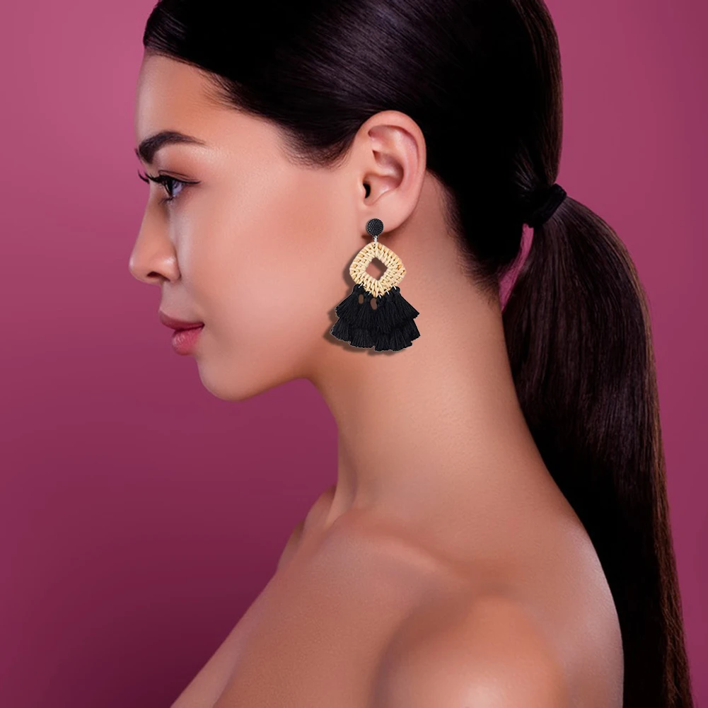 1 Pair Stylish Elegant Tassel Earring Geometric Handcrafted Geometric Rattan Woven Earring For Ladies Girls Birthday Gift