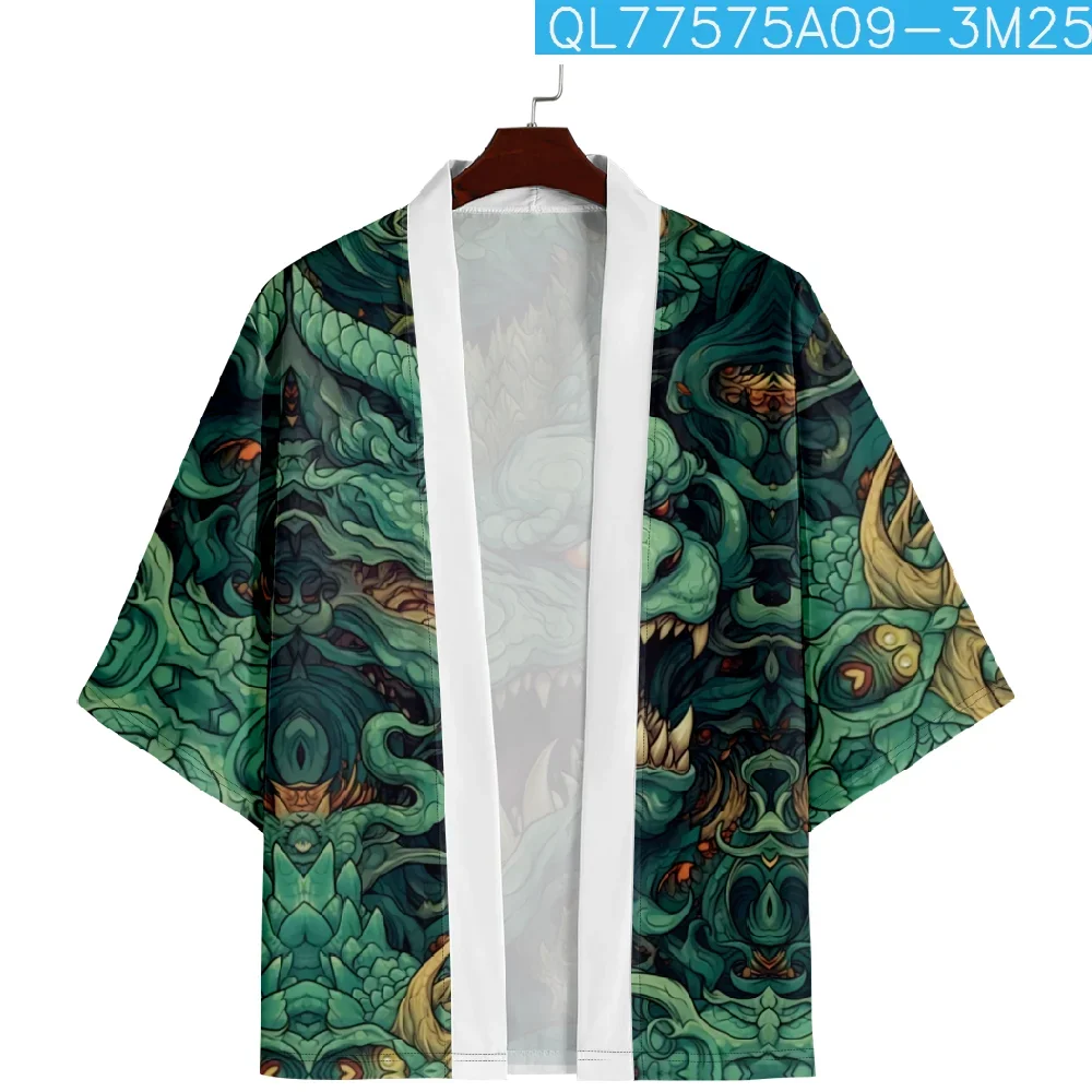 Streetwear Green Cardigan Cosplay Haori Coat Vintage Ukiyo-e Dragon Print Traditional Japanese Kimono Men Women Beach Yukata