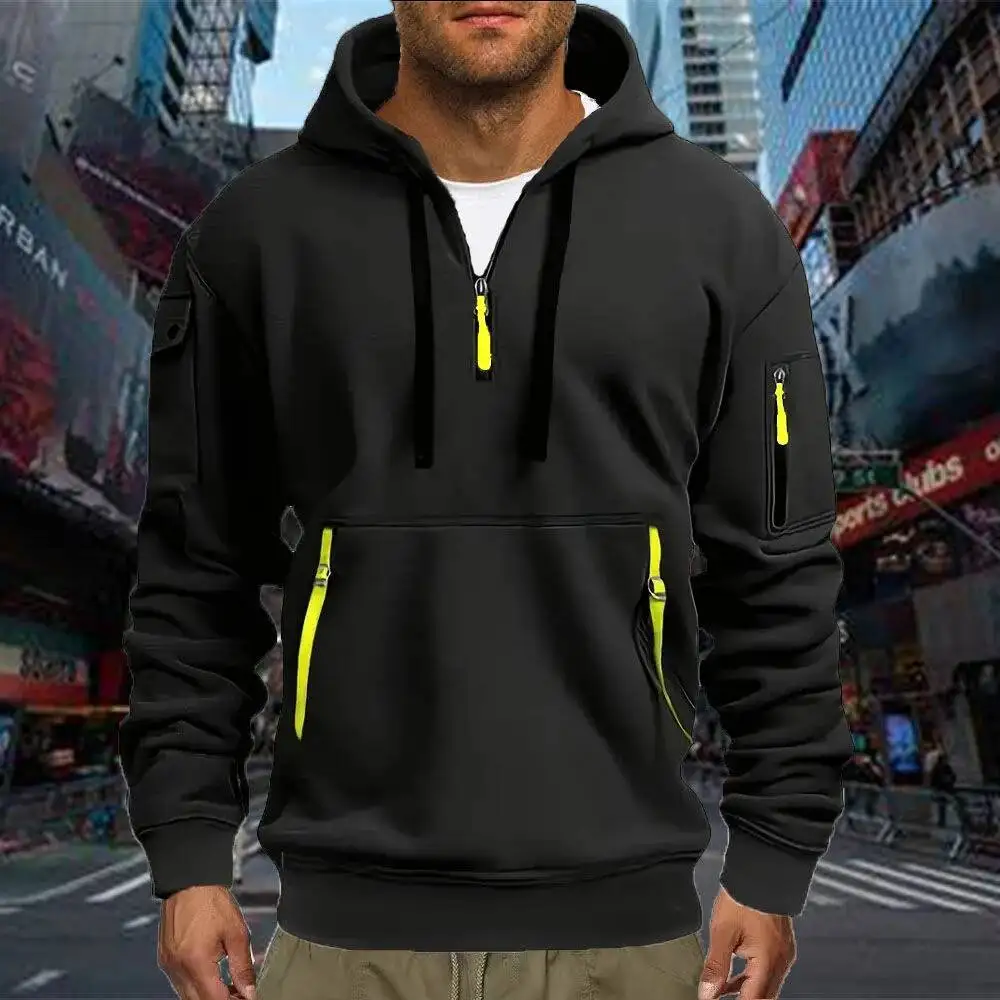 Men's Casual Sports Hoodie Spring Autumn Fashion Solid Color Long-Sleeved Pullover With Arm Pocket And Pull Rope Plus Size