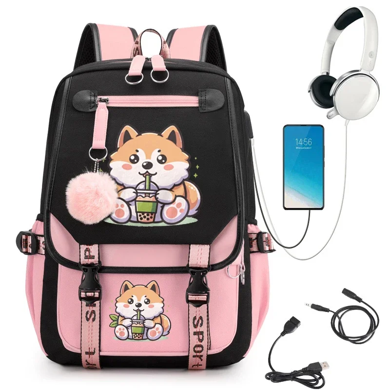 

Students Backpack Casual Waterproof Nylon Shoulder Bag Shiba Inu Drinking Boba Tea Anime Bookbag Fashion Travel College Bagpacks