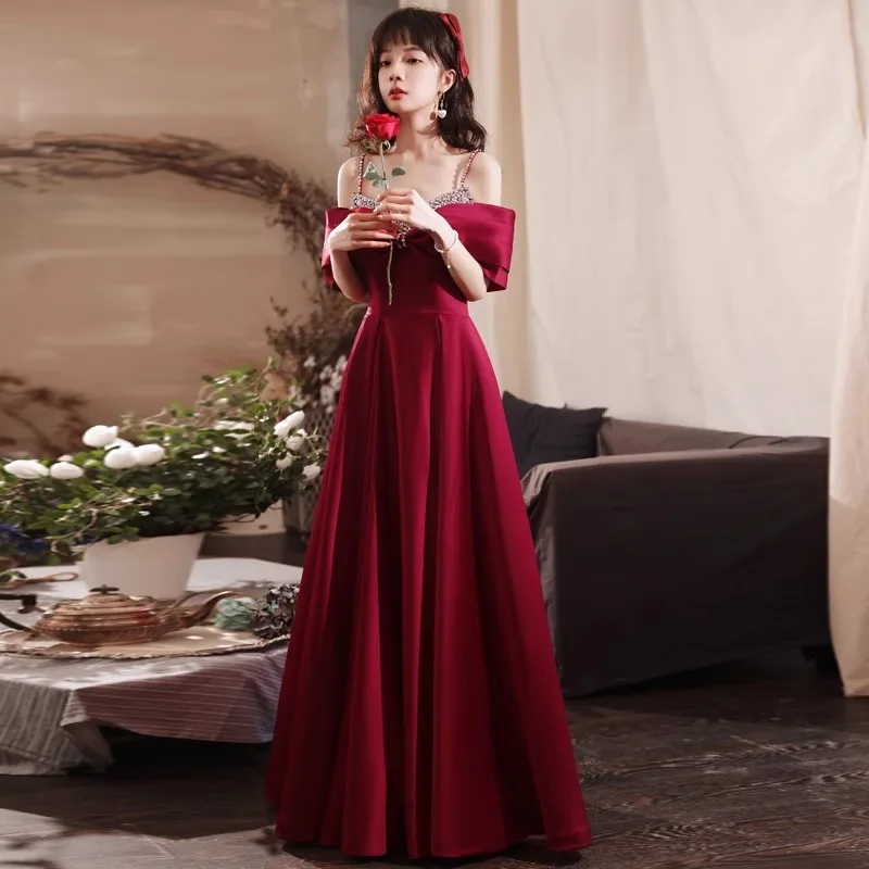 Wine Red Satin Gown Suspender Sequins Boat Neck Bow Ceremonial Dress Gorgeous Elegant Temperament Long A-Line Dresses 2024 New