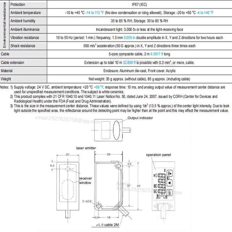 Measuring distance 30mm Output PNP CMOS IP67 Measure the thickness of an object  Laser displacement sensor