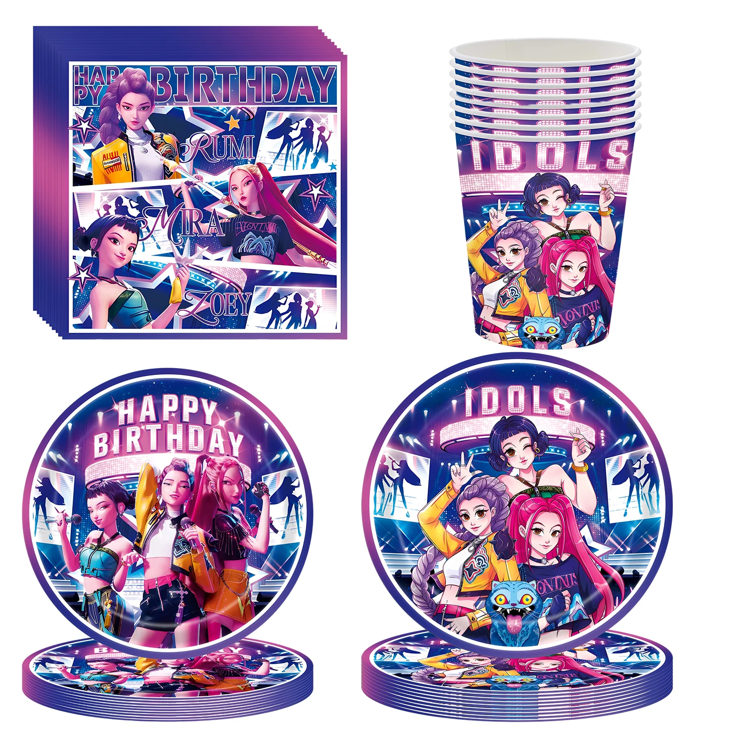 新しいK-POPデモンハンターズ漫画テーマの誕生日パーティーデコレーションセット、食器、カップ、プレート、紙製、女の子、ベビーシャワー用品