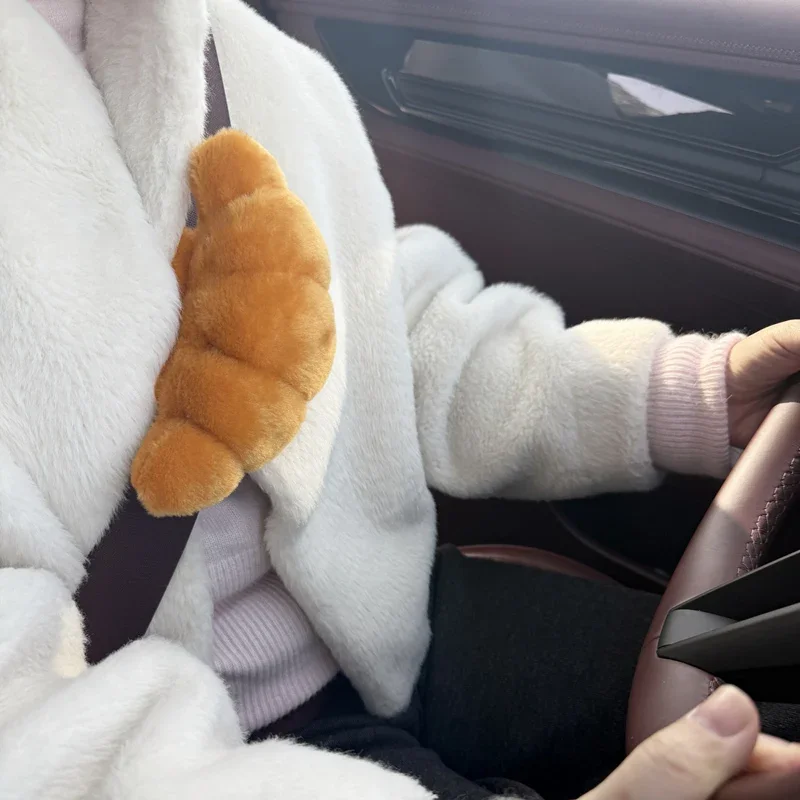 Cute Croissant Car Headrest Neck Pillow Plush Bread Seat Belt Cover Car Head Support Cushion Car Interior Decor Accessories