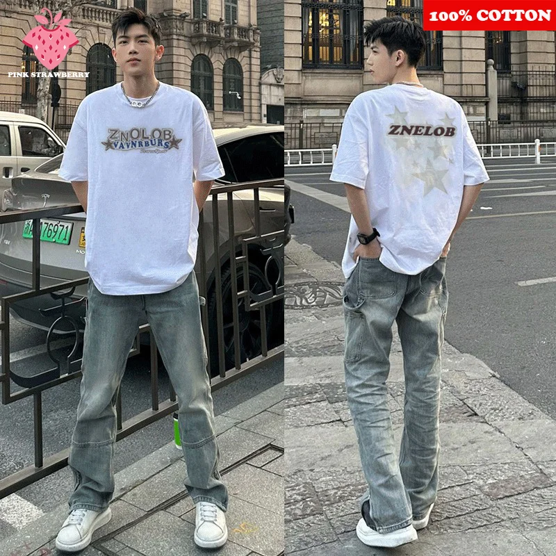 

100% Cotton White T-shirt Star Letter Print Summer New American style Street Short sleeves T-shirt Casual Y2k Top Mens clothing