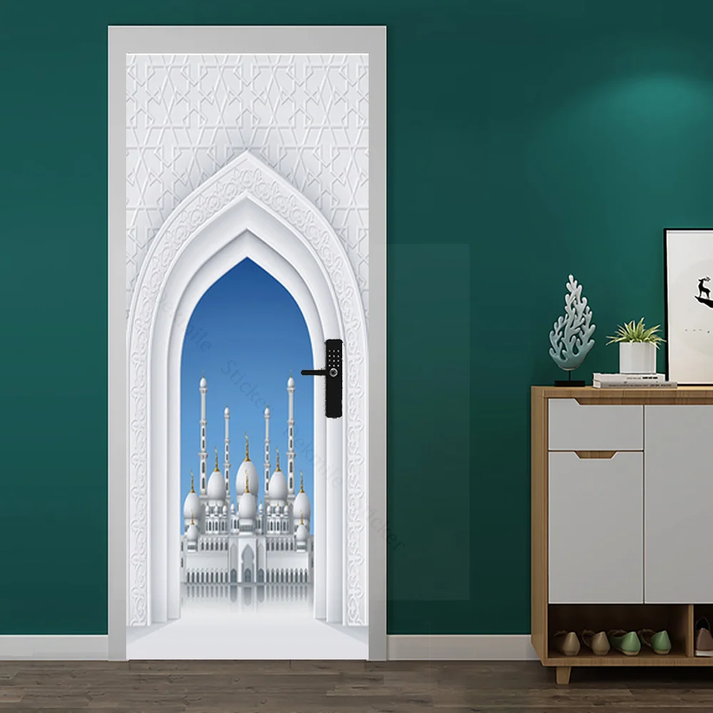 PVC Self-adhesive Removable Muslim Arabic Door Sticker Allahu Islamic Wallpaper Living Room Door Decor 3D Decal Wall Stickers view 3