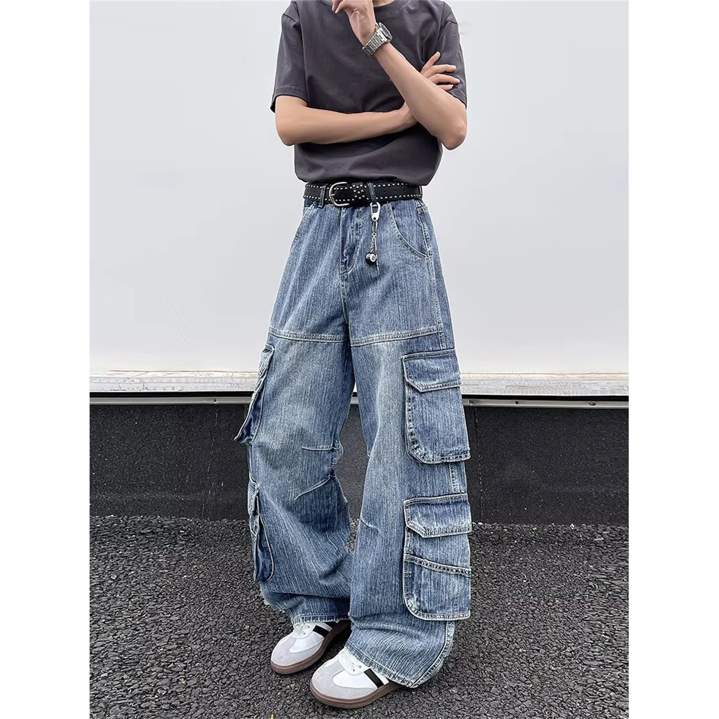 

American Retro Multi-ket Workwear Jeans Loose Wide Leg Slimming Straight Cut Jeans for Men And Women High Street Sle