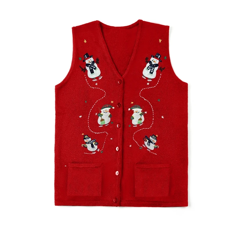 Embroidery Santa Print Sleeveless Knitted Cardigan V Neck Tank Tops Knitwear Xmas Clothes Women Christmas Button Sweater Vest