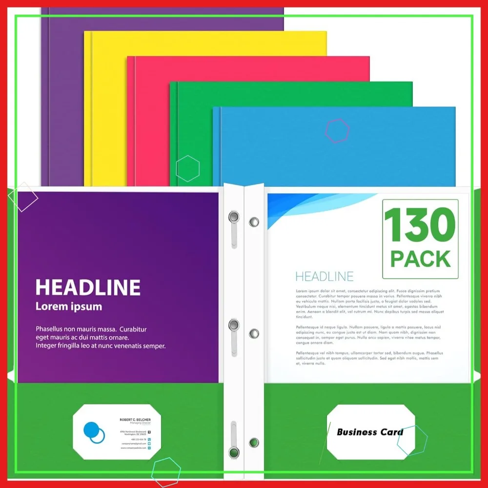 

Two Pocket Folders with Prongs, 130 Pack in Assorted Colors for Office and Classroom Use, Letter Size