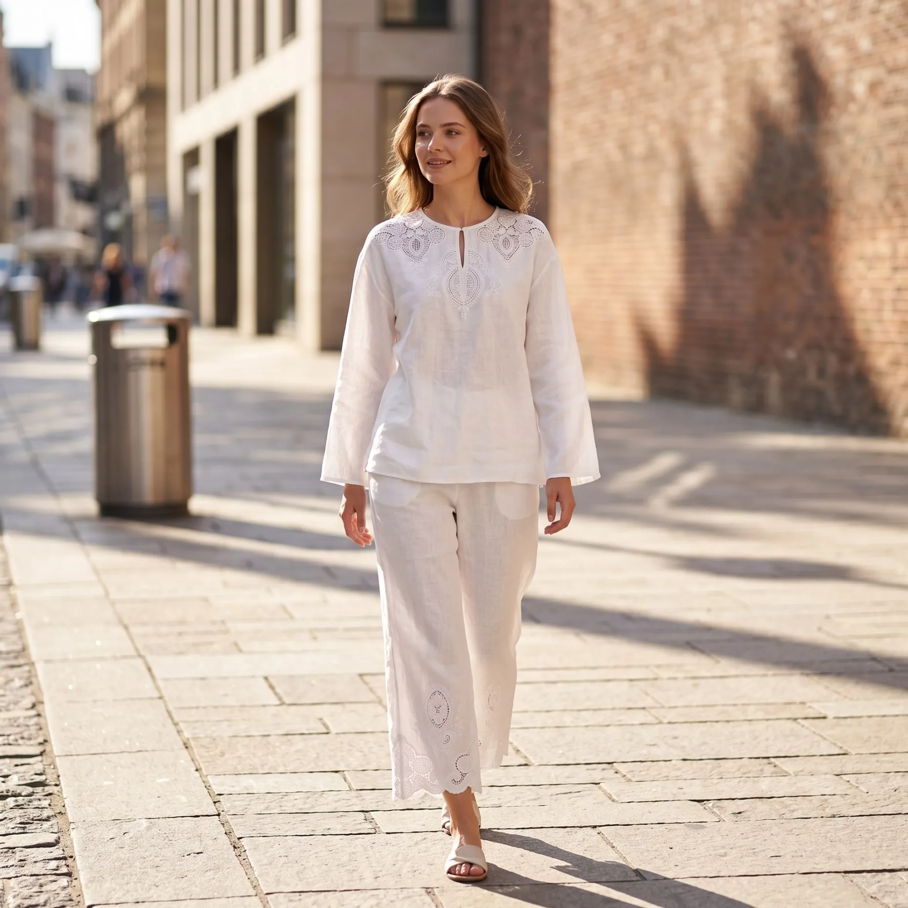 Ensemble deux pièces en lin mélangé de luxe pour femmes, chemisier à manches longues et pantalon large à taille basse, tenue élégante assortie BC22103