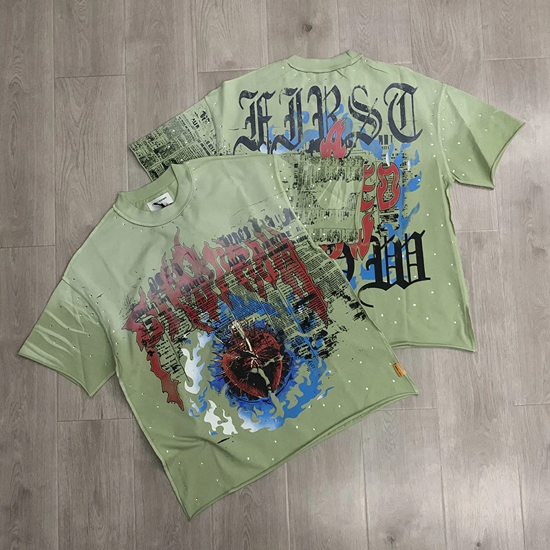 

26SS FIRST ROW Sacred Heart Cropped T-Shirts Hot Drill Letters Mens High Quality Short Sleeves Washed American Streetwear Tee