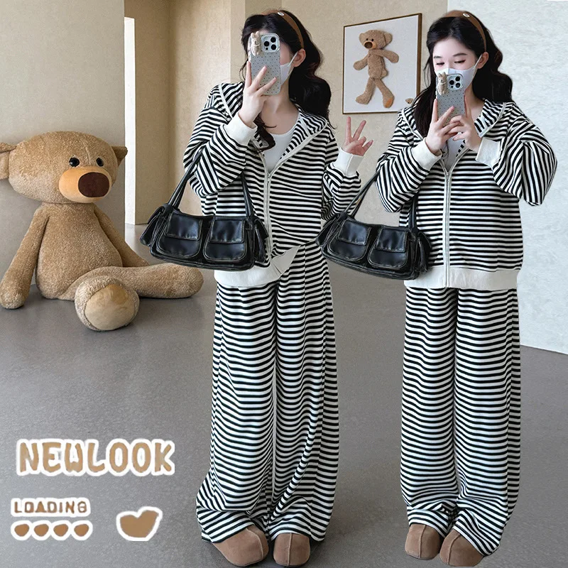 Maternity Suit Spring Autumn 2026 Simple Versatile Soft Comfortable Striped Hoodie Sweatshirt and Wide Leg Pants Two Piece Set