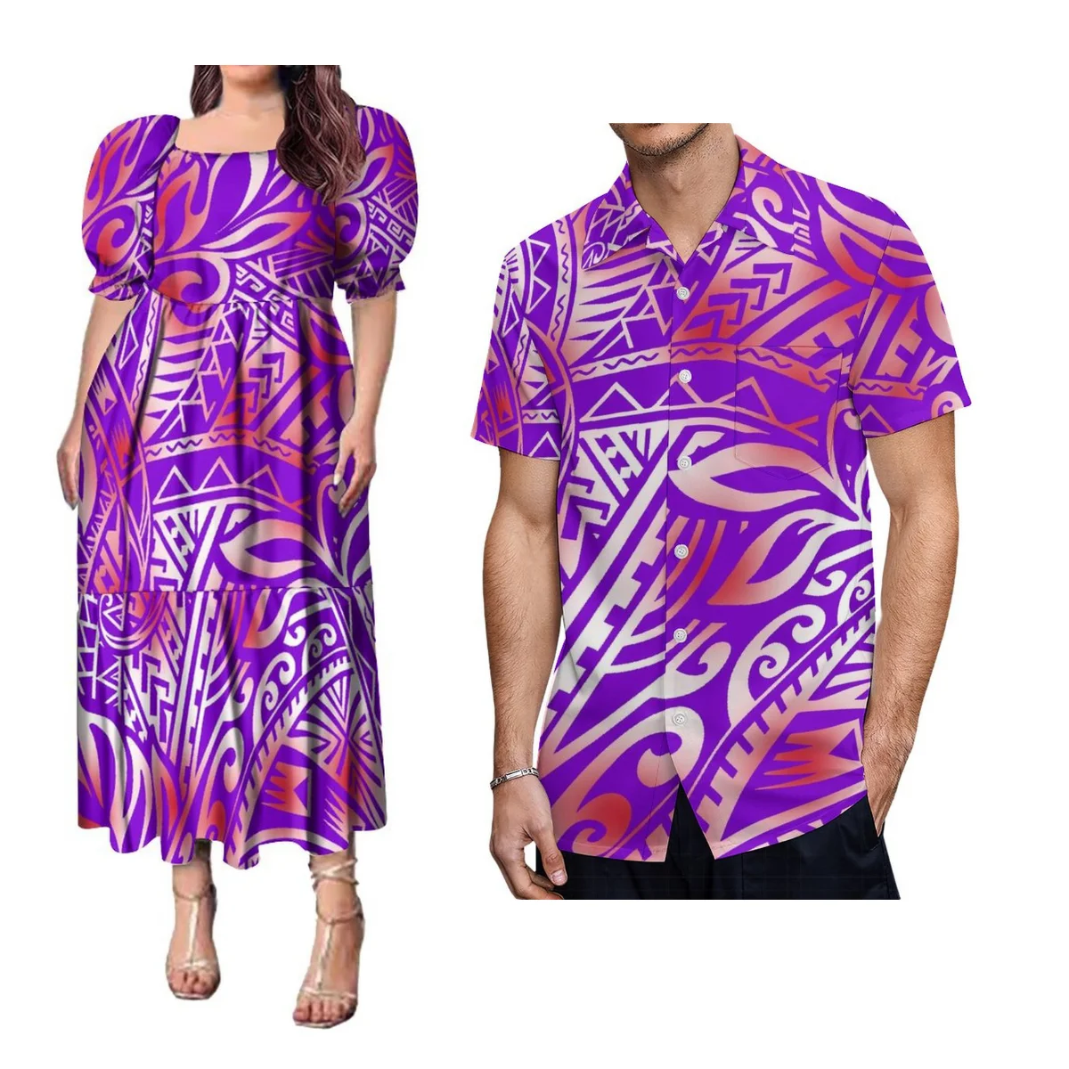 High Quality Polynesian Islands Custom Women'S Samoan Fijian Couple Suit Women'S Dress Puffy Sleeve Evening Gown And Men'S Shirt