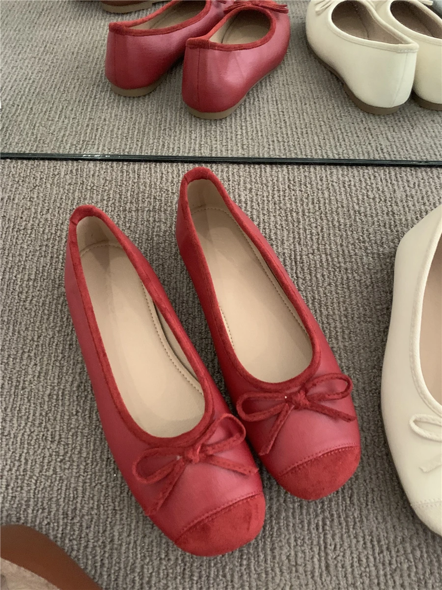 

Fashion Elegant Red Ballerinas Women Pumps Slip on Loafers Round Toe Square Heels Bowknot Casual Spring Autumn Low Heel Shoes