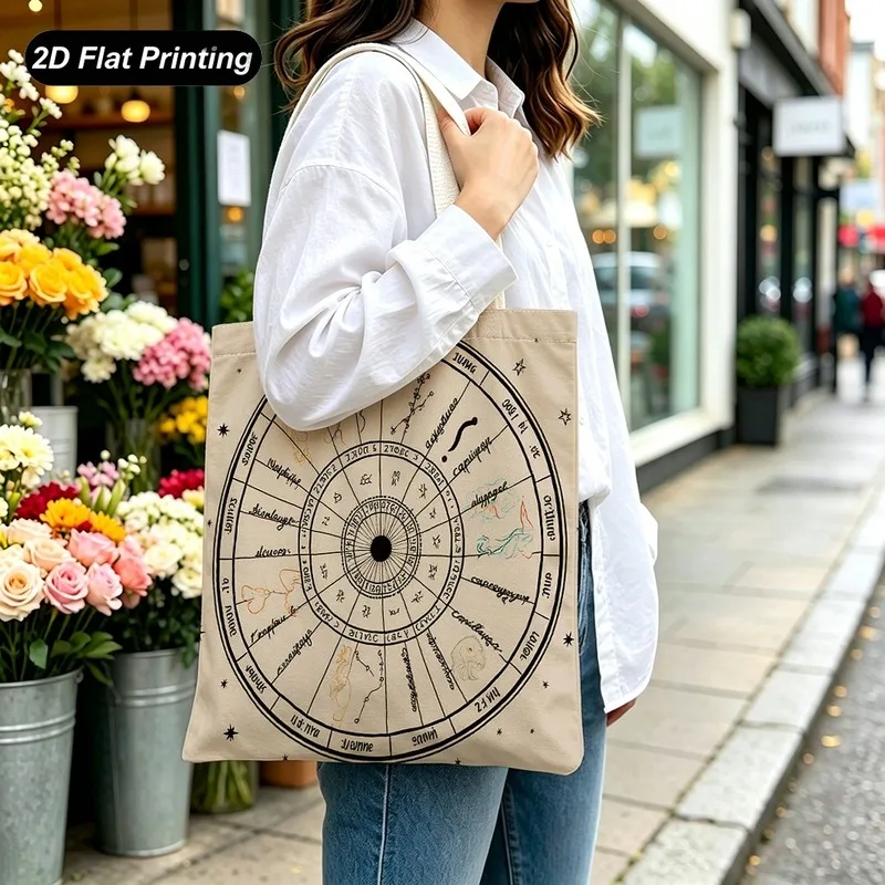 1PC【Tote Bag】2DFlat effect，Vintage Zodiac Sign Printed Tote Bag，Large capacity and lightweight，Adapted shopping、Supermarket
