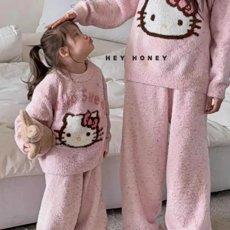 Hello Kitty Sanrio Hot Girl Pajamas Cinnamoroll Kawaii Child Casual Clothing Flannel Suit New for Autumn and Winter Cartoon Gift