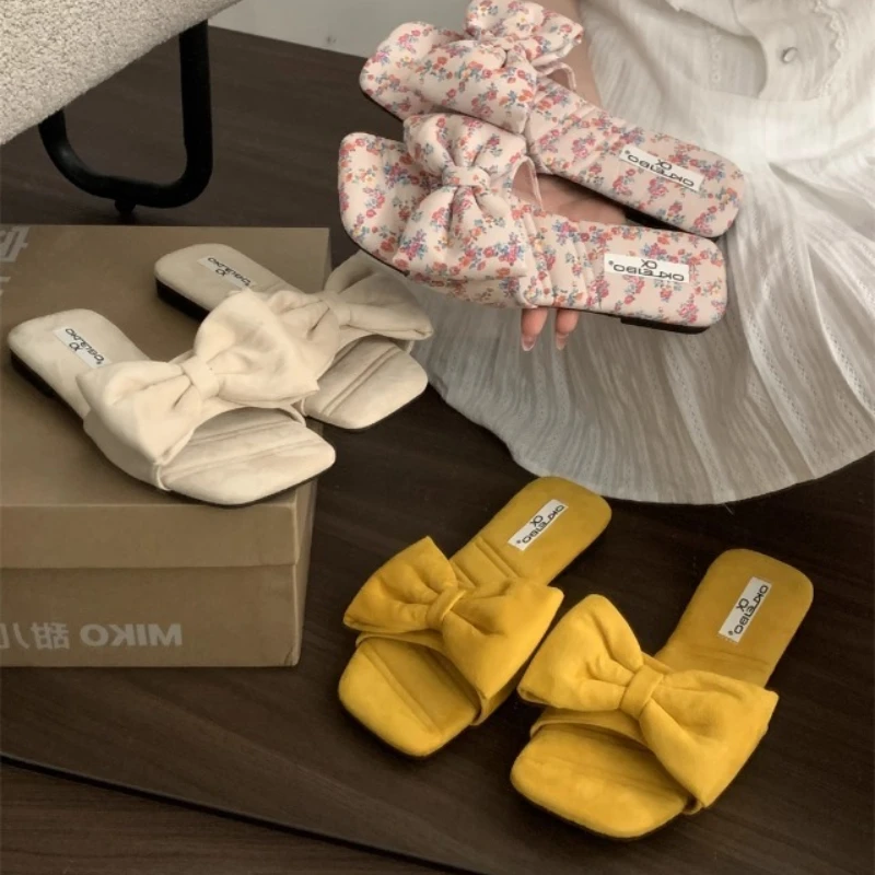 

Women's Slippers Elegant Flats Shoes Summer Walking Soft Flip Flops 2025 New Square Toe Shallow Sandals Женская обувь