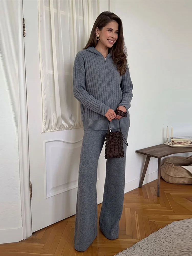 Damen Strickhosen 2-teiliges Set Kapuzenjacke mit Reißverschluss Langarm Cardigan Weite Hose Streetwear Einfarbiges Loses Outfit Partykleidung – Detail 12