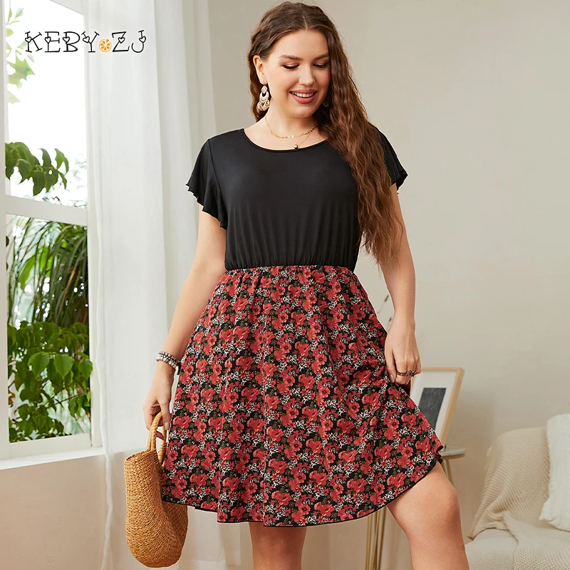 

KEBY ZJ Summer Plus Size Dresses Fashion Elegant O-Neck Short Mini Dress Female Urban Casual Floral Print Chiffon Women's Dress