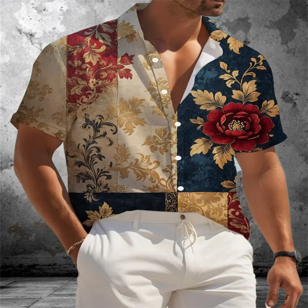 Hawaii Shirts for Men 3D Paisley Graphic Short-sleeved T-shirt Casual Lapel Buttons Male Tops Summer Oversized Bohemian Man Tees