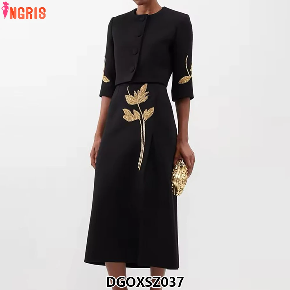 

Hot sale elegant casual flower beaded three-quarter sleeve jacket coat women's skirt two-piece skirt-DGOXSZ037