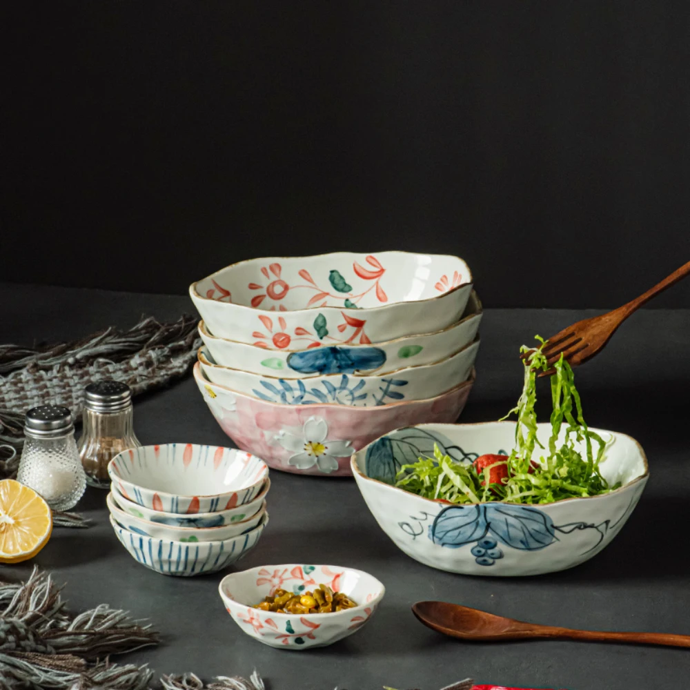 Creative Ceramic Bowl Japanese Style Hand-Painted Plants Flower Porcelain Homehold Dinnerware Noodles Soup Fruit Vegetable Bowls