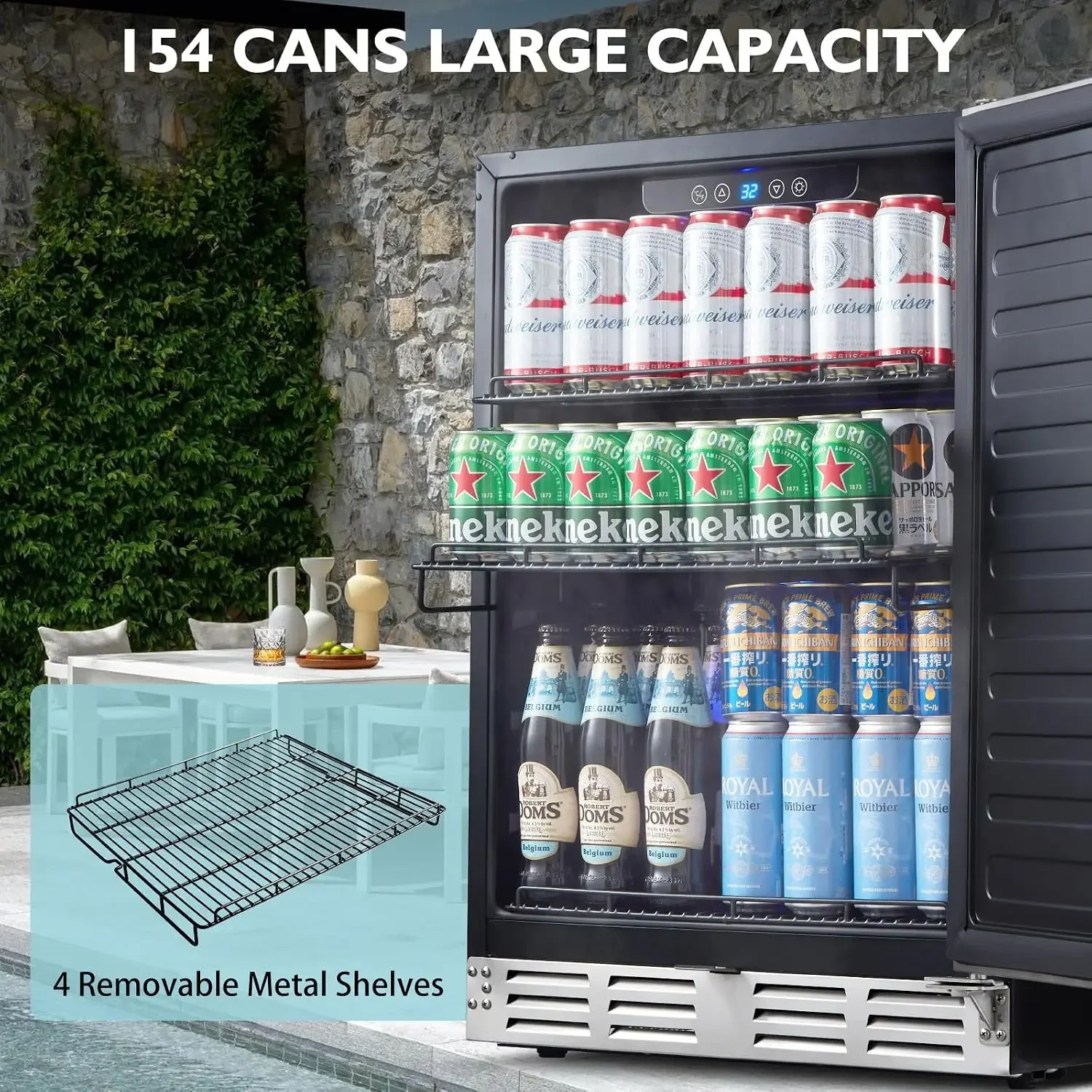 24 inch Stainless Steel Beverage Refrigerator, Under Counter Beverage Cooler for 154 Cans with 32-41℉ Temperature Range - Soda