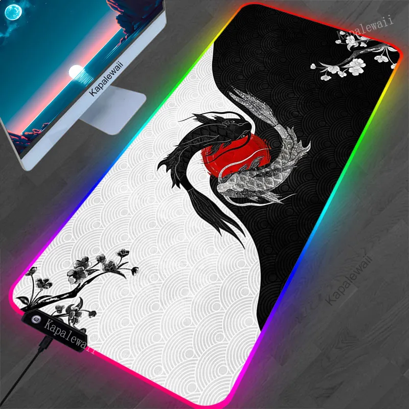 RGB Gaming Mouse Pad Koi Taichi Neutral Table Mats Computer Mousepad Company LED Desk Pad 100x50 Large Gamer Mousepads Mouse Mat