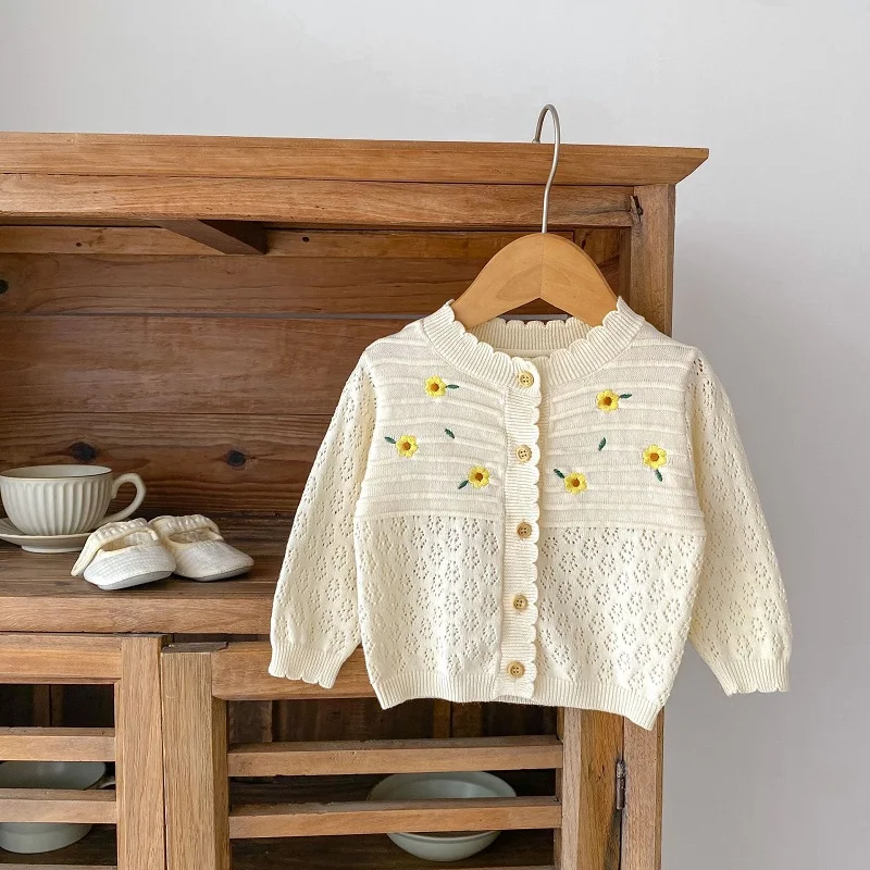 Cute Newborn Baby Girl Knitted Cardigan Tops 0-3Years Princess Kids Long Sleeve Embroidery Flower Sweater Jacket Outwear Clothes