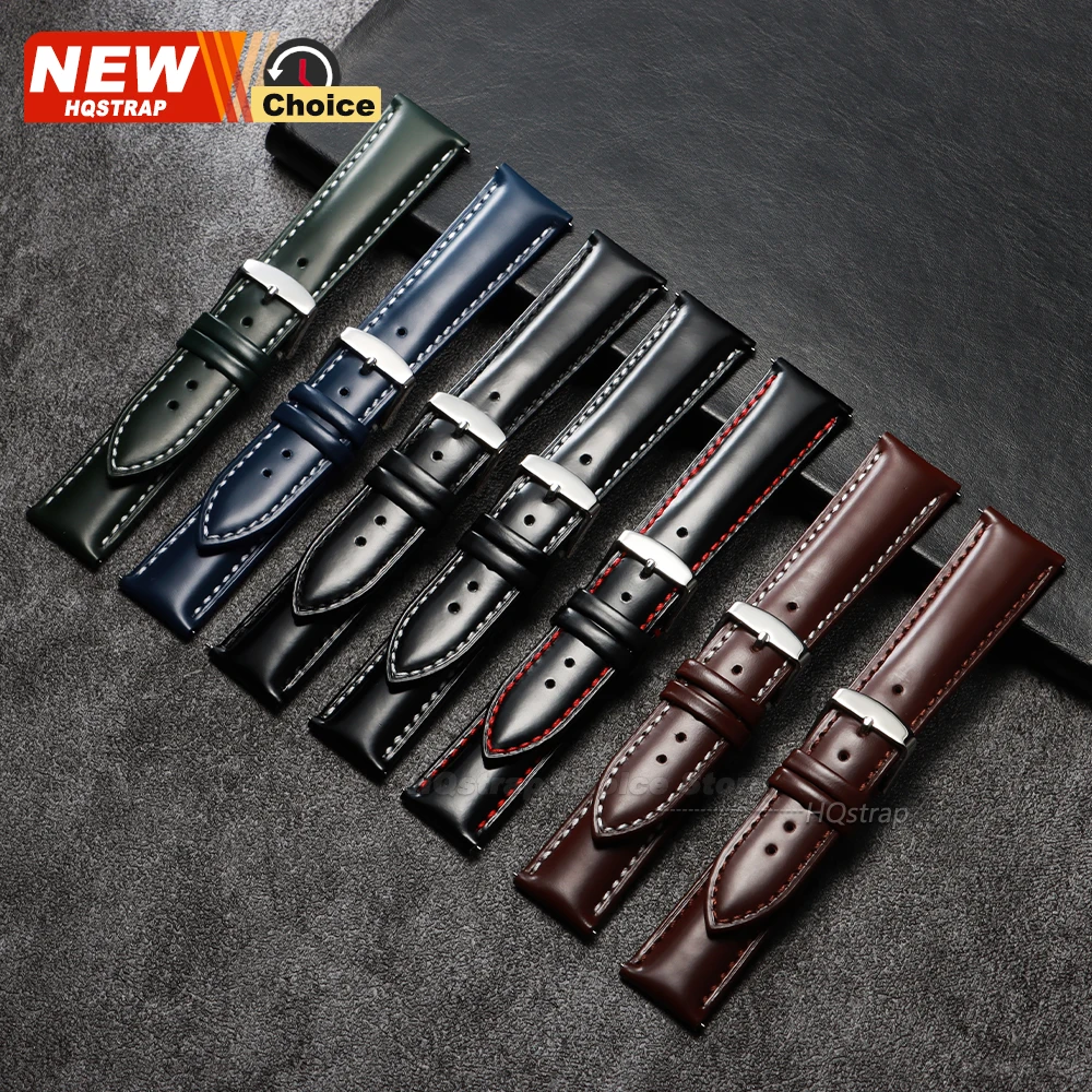 New Oil-glossy Stitching Leather Watchband Soft Band Wrist Strap 20mm 22mm Quick Release Bracelet Women Men Waterproof Wristband image 3