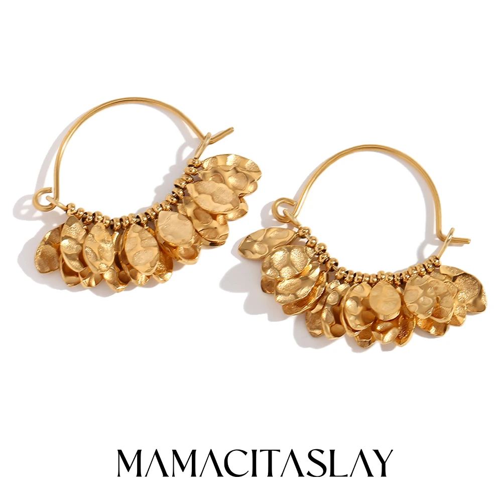 

MamacitaSlay Bohemian Style Leaves Hammered Texture Handbag Shape Hoops Gold Plated Stainless steel earrings Trendy Jewelry