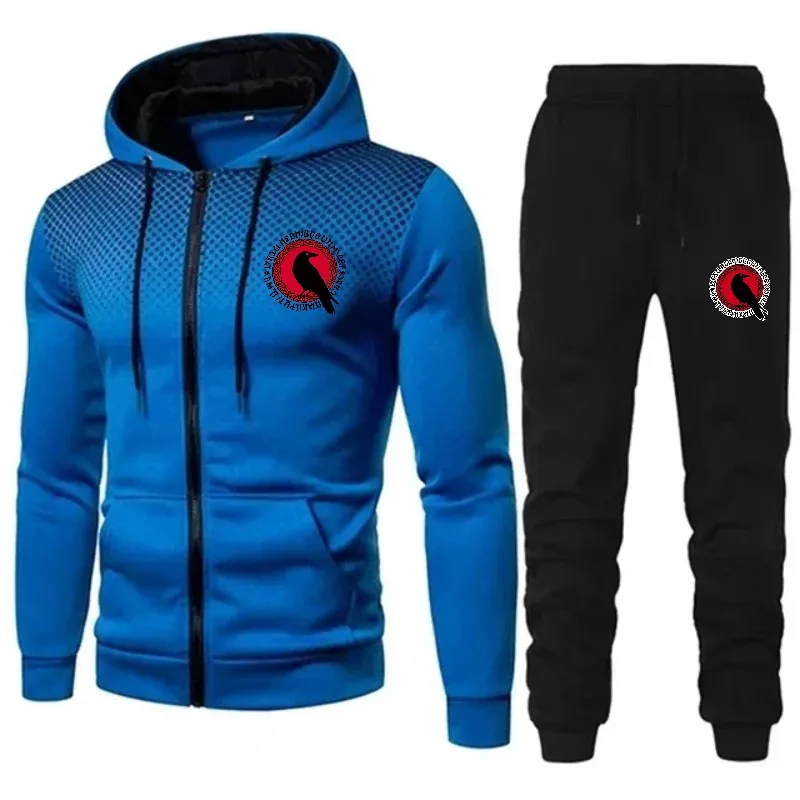 طقم جاكيت رجالي أسود أحمر متدرج مطبوع عليه شعار هوديي وبنطلون رياضي رمادي مناسب لملابس رياضية غير رسمية في صالة الألعاب الرياضية #3