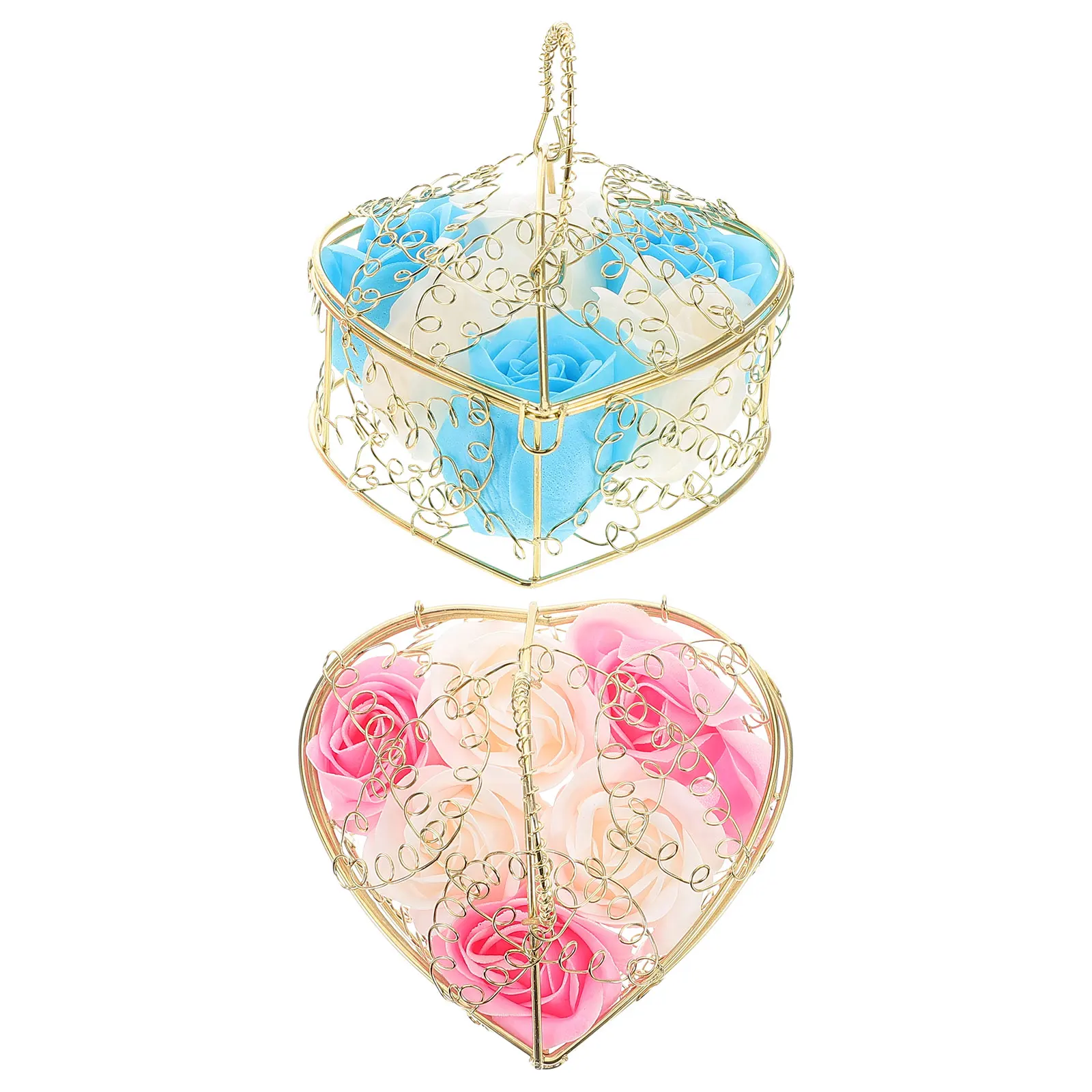 

2pcs Rose With Basket Shaped Rose Ornament Soap Flowers Iron Basket Floral Scented Bath Soap Decorative Portable