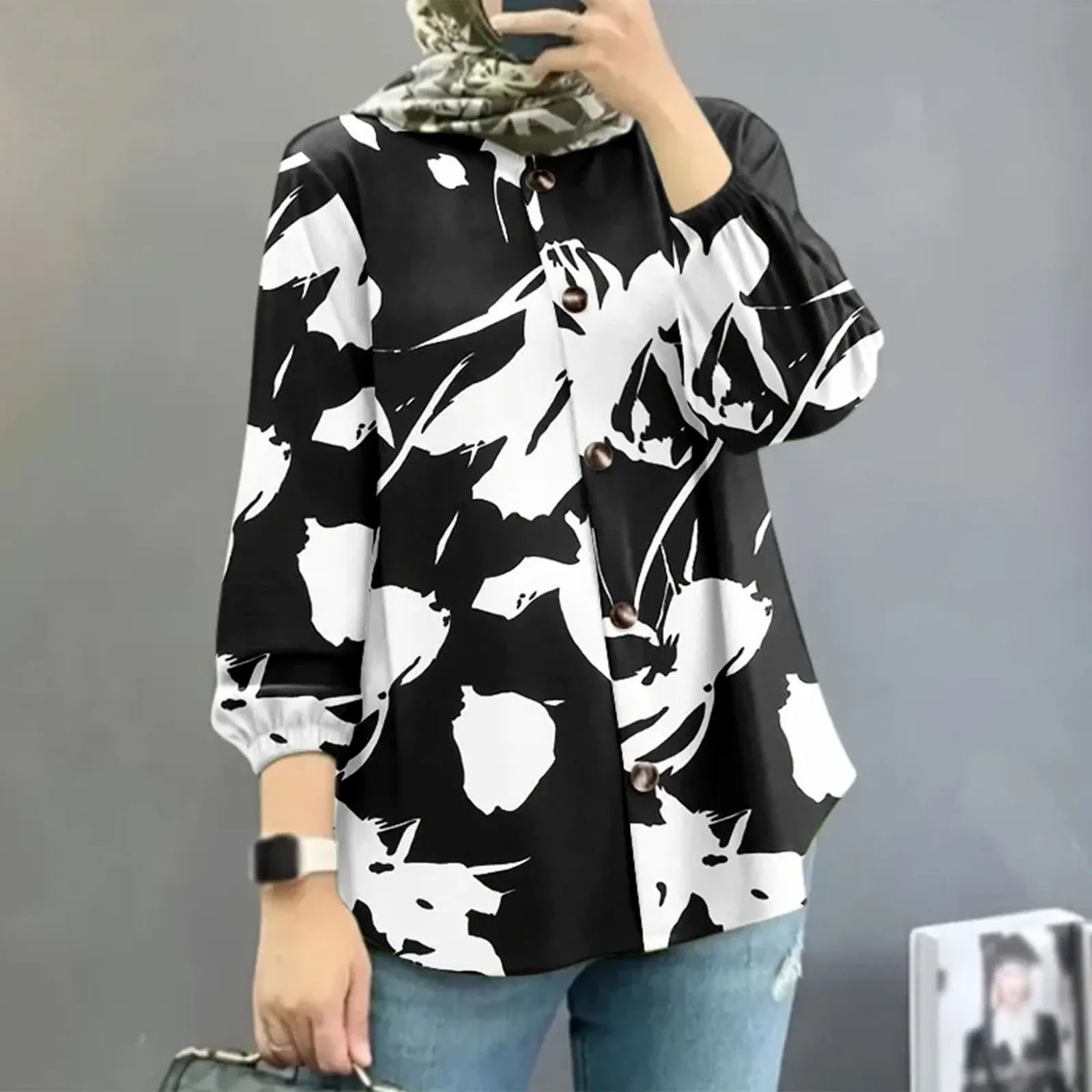 Holiday  Vintage Clothing Tops muslim Floral Printed Casual Women Muslim Long Sleeve women Bohemian Islamic Shirt 2024 Abaya