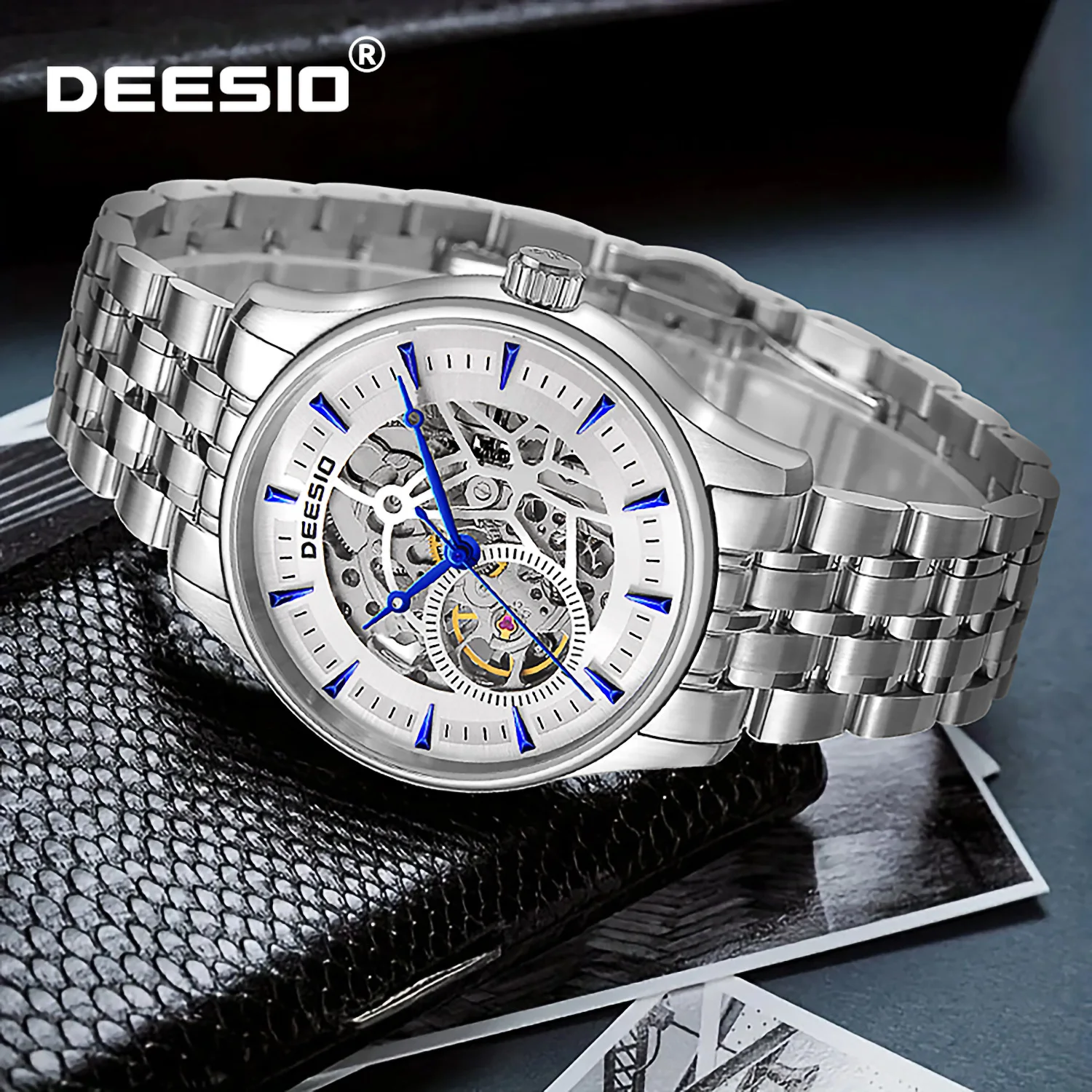 

Deesio Men's Automatic Skeleton Watch 40mm Slim Stainless Steel Sapphire Glass 30M Water Resistant 36H Power Reserve Steel Strap